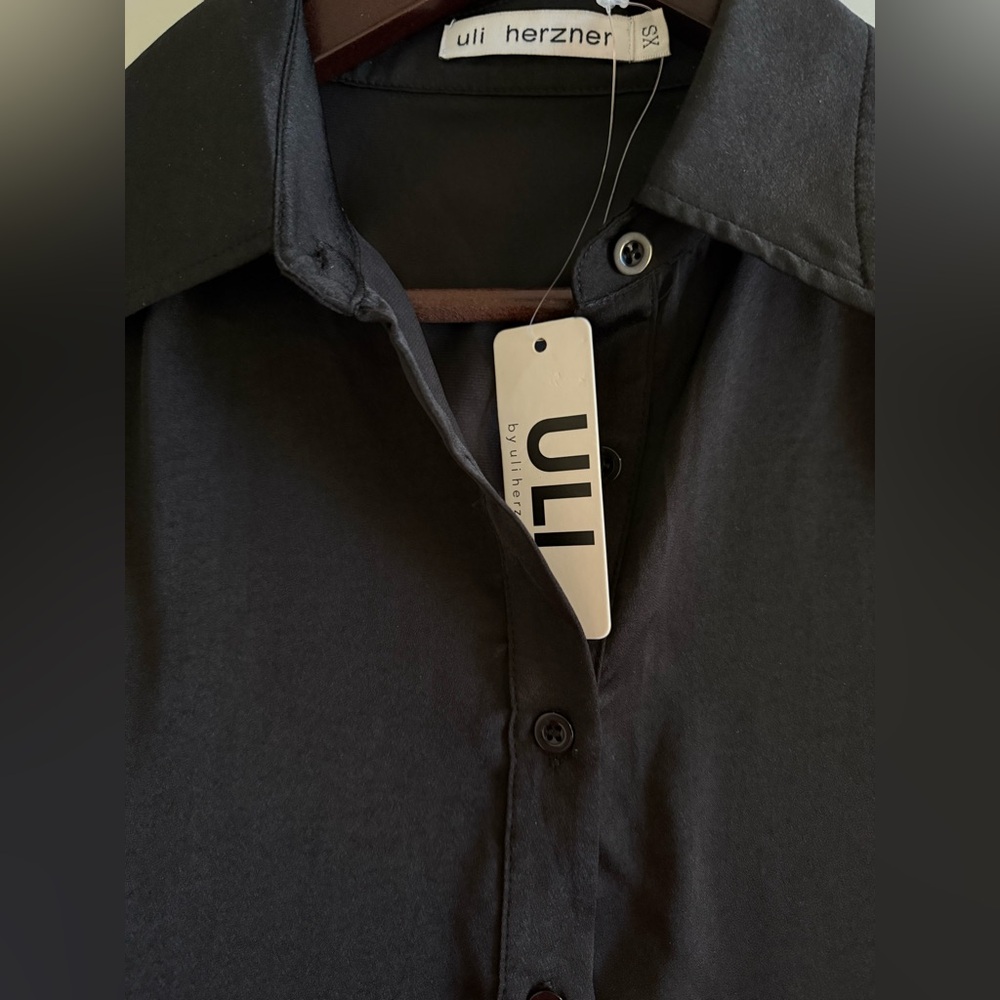 Uli Herzner Black Shirt Dress | Ruffle Hem| Silk Blend | Elegant Mini Dress - Picture 13 of 13